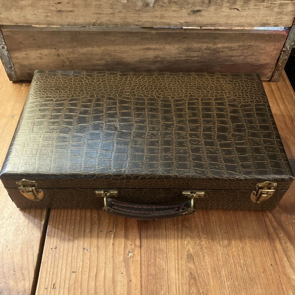 Vintage Alligator Croc Faux Leather Case Poker Chip Box Set Marble Swirl Styrene